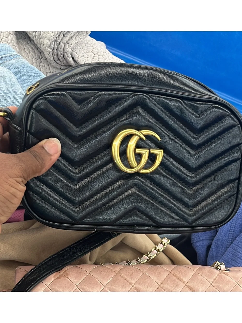 Tommy Hilfiger Black Quilted Chevron Shoulder Bag with Gold Hardware